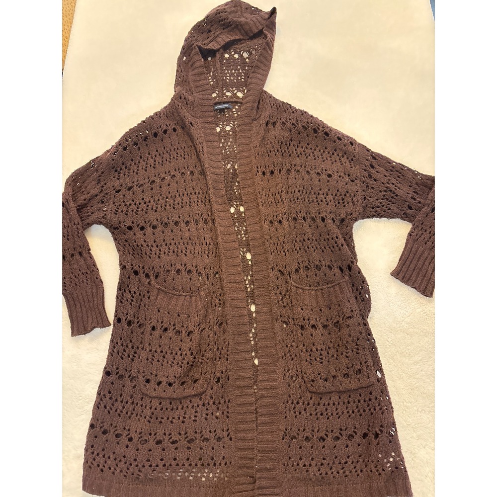 American Eagle Hooded Cardigan Sweater Brown Open Knit Pointelle XS/S Pocket